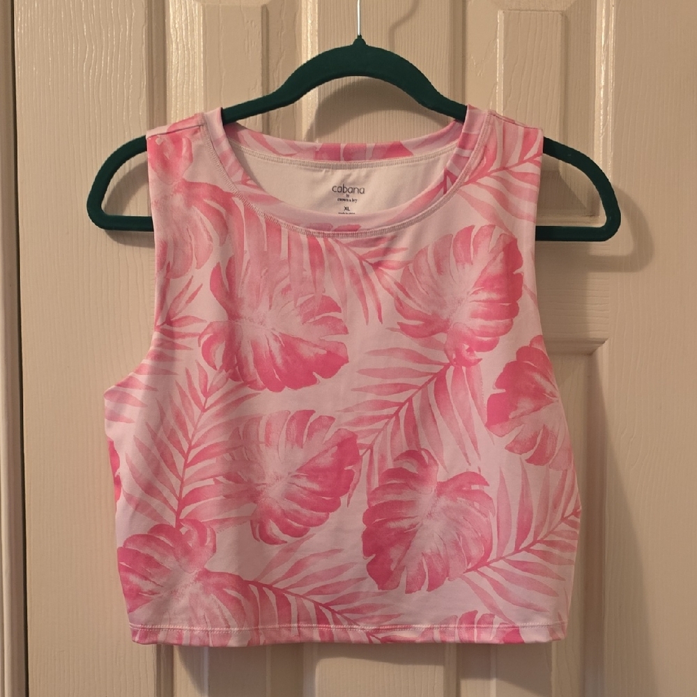 CABANA BY CROWN IVY BRAND WOMENS JUNIOR SIZE PINK TROPICAL CROP TANK TOP SIZE XL